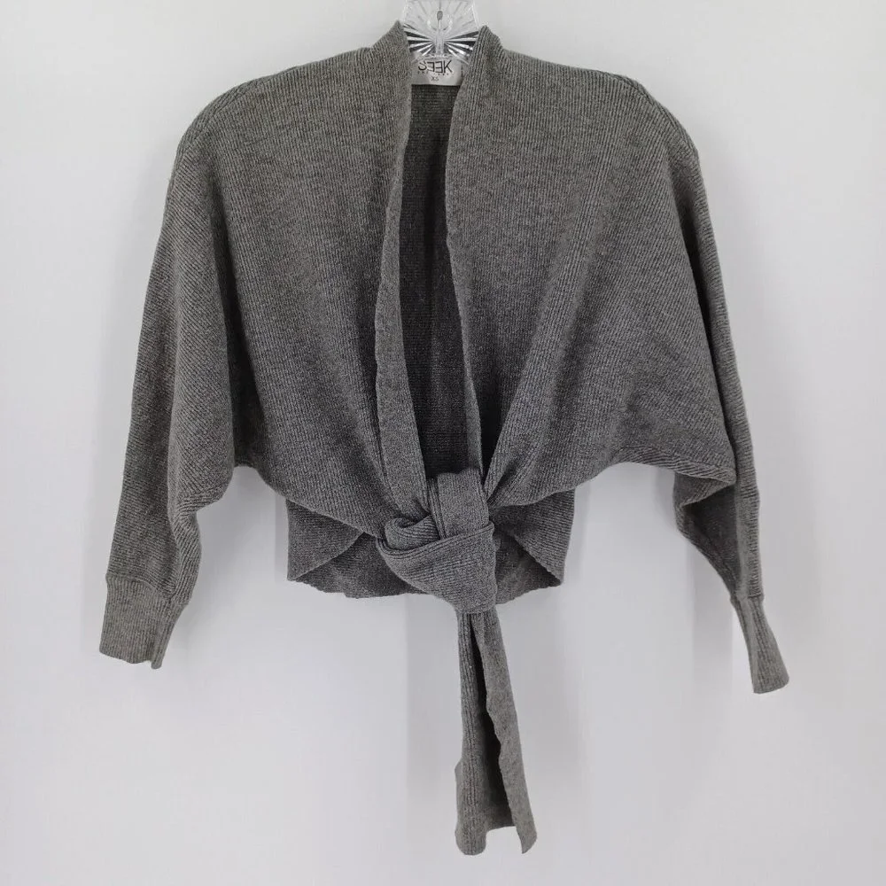 SEEK THE LABEL Sz XS Gray Ribbed Tie Front Half Sleeve Cardigan Fall Cozy Modern - Picture 4 of 15